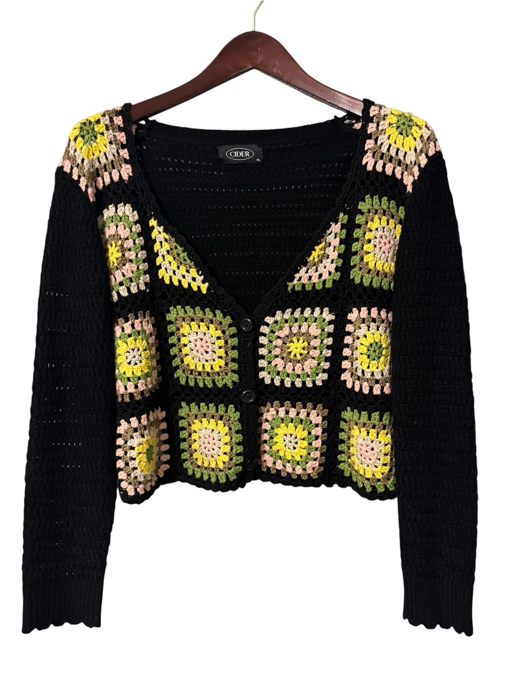 Cider Crochet Granny Square Cropped Cardigan – Boho Retro Black Multi XL